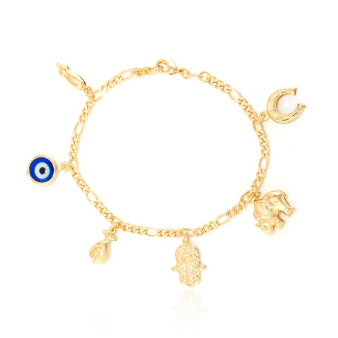 The Women Lucky Charms Bracelet is crafted with 14k gold-filled charms, including a blue evil eye, figa hand, hamsa, elephant, horseshoe, and teardrop charm on a chain.